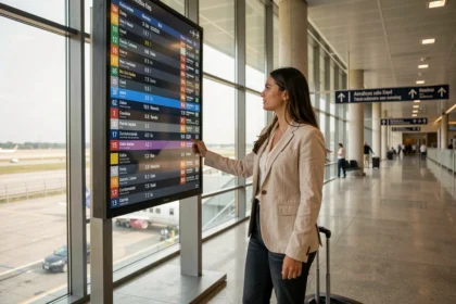 Jeune femme consultant un panneau d'affichage des transports dans le terminal de l'aéroport de Madrid avec sa valise à roulettes