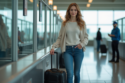 Jeune femme à l'aéroport vérifiant son sac de cabine
