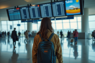 Jeune femme dans un aéroport regardant le tableau des vols