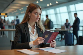 Jeune femme d'affaires à l'aéroport vérifiant son passeport