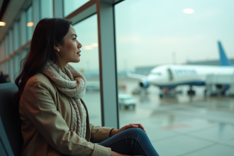 Jeune femme voyageant regardant un avion à l'aéroport