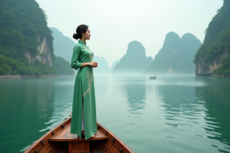 Femme vietnamienne en áo dài vert sur bateau à Ha Long