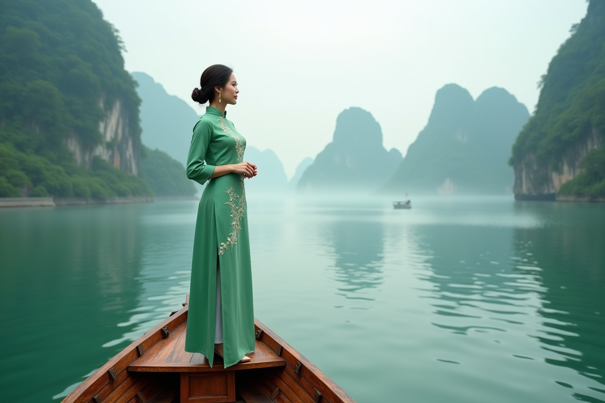 Femme vietnamienne en áo dài vert sur bateau à Ha Long