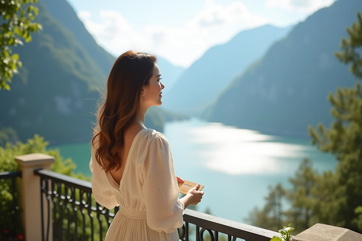 Femme regardant la montagne depuis un balcon en plein air
