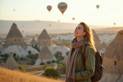 Jeune femme souriante regardant les ballons à Cappadoce