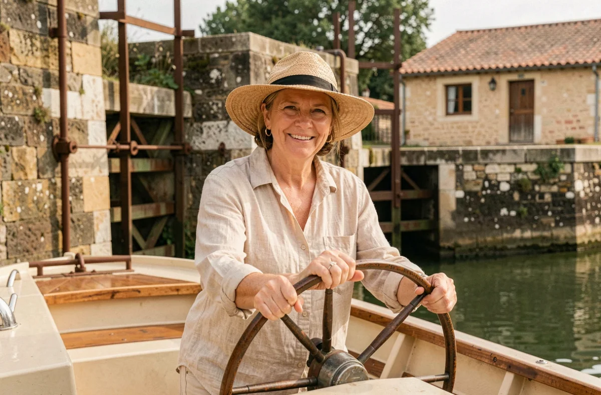 Femme à la barre d'une péniche franchissant une écluse historique sur le Canal du Midi