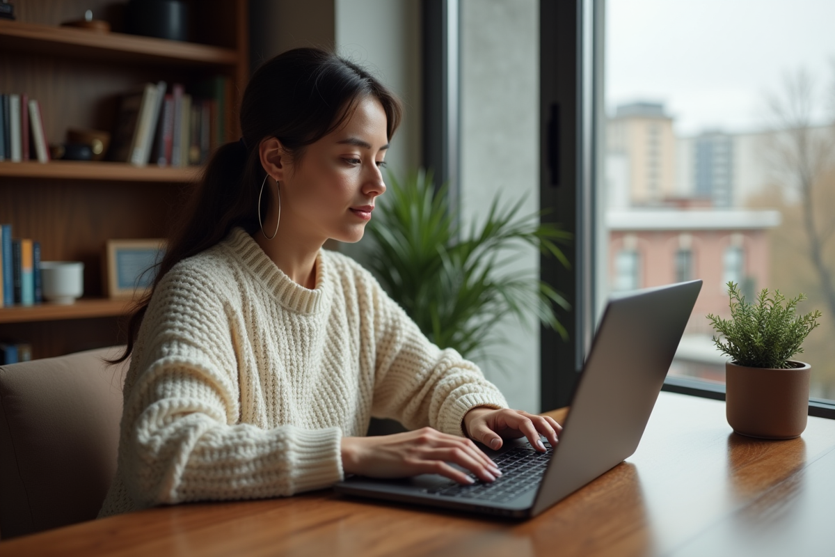 Femme au bureau consulte un site de train en ligne
