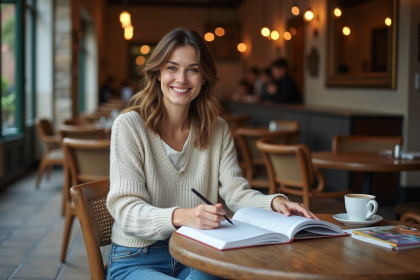 Femme souriante avec guide de voyage dans un café européen