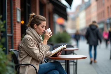 Femme détendue buvant un café près de la gare Lille Flandres