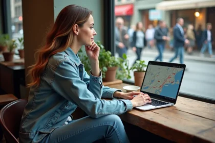 Jeune femme au café regardant une carte digitale