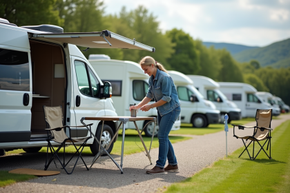 Femme en plein air près de son van en camping