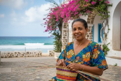 Femme cap-verdienne souriante tissant un panier coloré