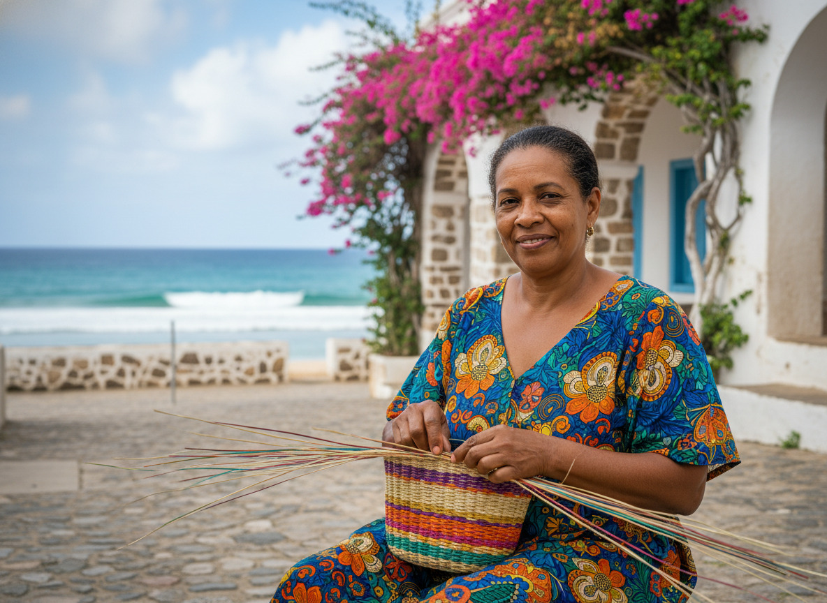 Femme cap-verdienne souriante tissant un panier coloré