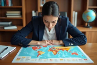 Femme étudiant une carte des fuseaux horaires monde étalée sur un bureau en bois dans un bureau à domicile moderne