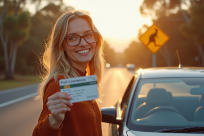 Femme souriante tenant son permis étranger devant une voiture australienne