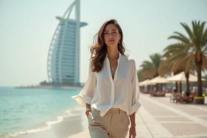 Femme élégante marchant sur la promenade de Dubai avec le Burj Al Arab en arrière-plan