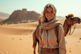 Jeune femme souriante avec foulard en lin dans le désert de Ksar Ghilane