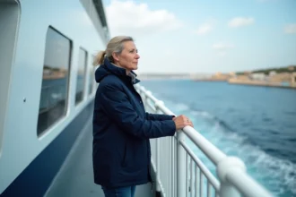 Femme regardant l'horizon sur un ferry en Méditerranée