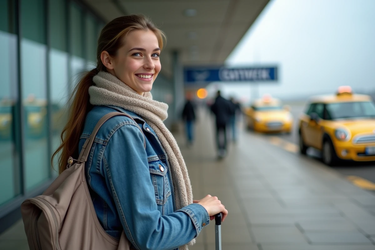 Jeune femme avec valise devant Gatwick en partance
