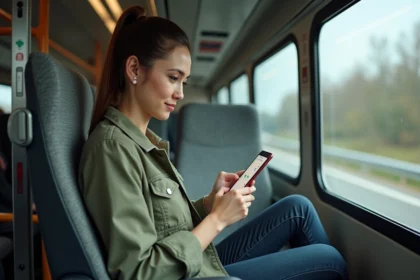 Jeune femme consultant un itinéraire de bus sur smartphone pendant un trajet longue distance
