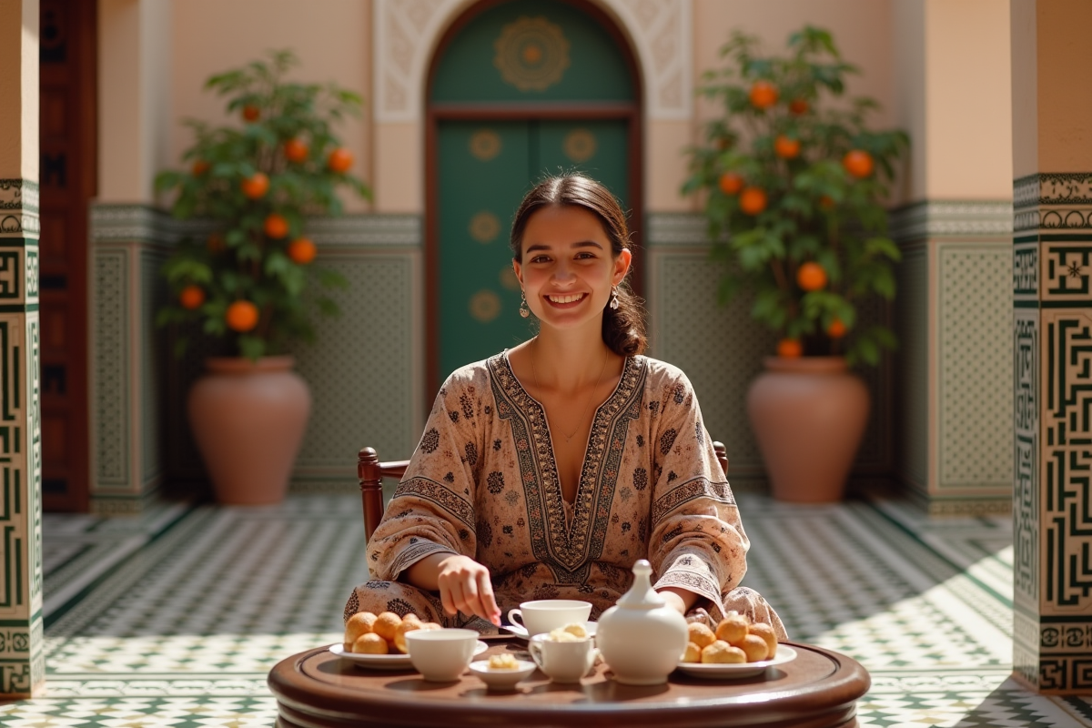 Jeune femme marocaine en kaftan préparant le thé dans un riad