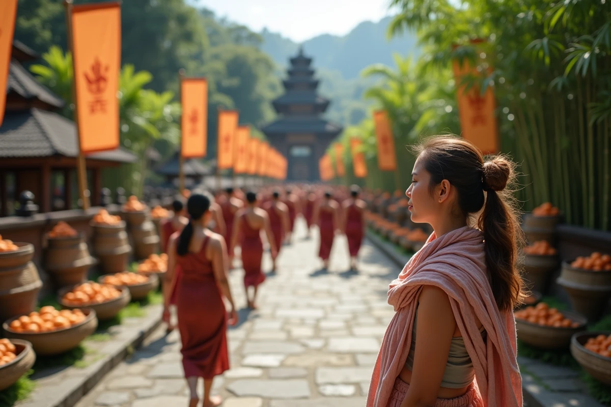 Jeune femme occidentale observant une procession balinaise colorée