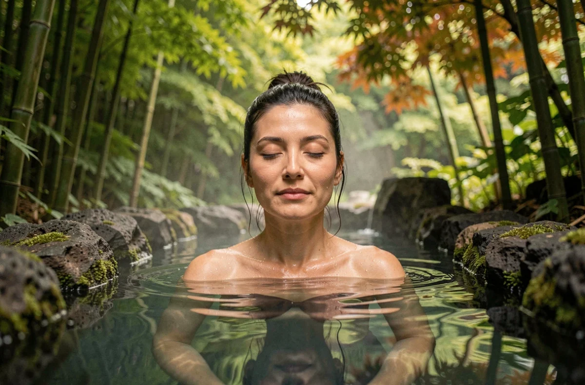 Femme se relaxant dans un onsen en plein air avec des pierres mousseuses et une végétation estivale luxuriante à Nozawa Onsen