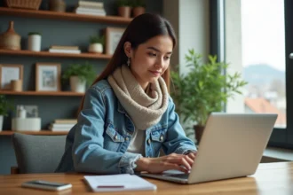 Femme planifiant ses voyages sur son ordinateur à la maison
