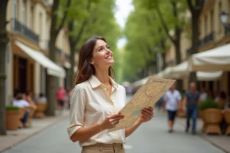 Femme consultant un plan de ville d'Aix-en-Provence sur le Cours Mirabeau entouré de platanes