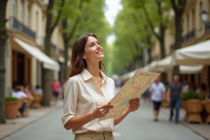 Femme consultant un plan de ville d'Aix-en-Provence sur le Cours Mirabeau entouré de platanes
