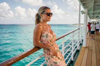 Femme en robe fleurie appuyée sur le bastingage d'un bateau de croisière avec vue sur la mer des Caraïbes