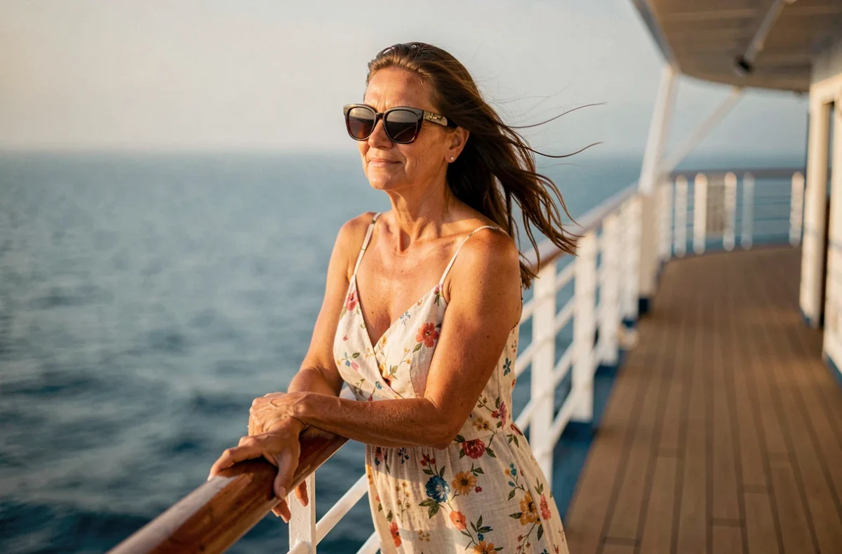Femme en robe de lin sur le pont d'un bateau de croisière en mer Rouge, profitant de la vue sur l'horizon