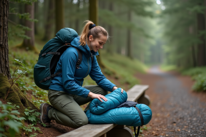 Jeune femme préparant un sac de couchage en forêt