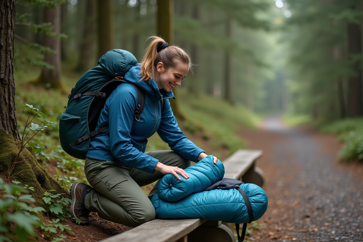 Jeune femme préparant un sac de couchage en forêt