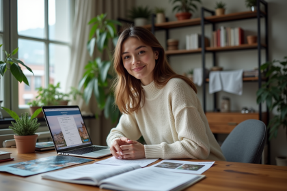 Femme assise à son bureau préparant un voyage à la maison