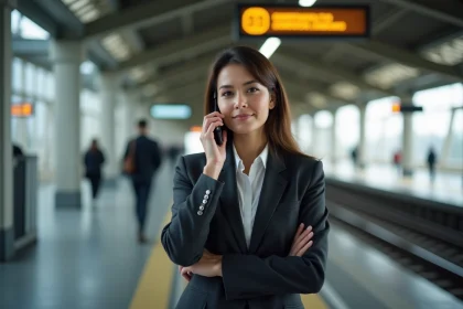 Femme professionnelle au téléphone dans une gare moderne