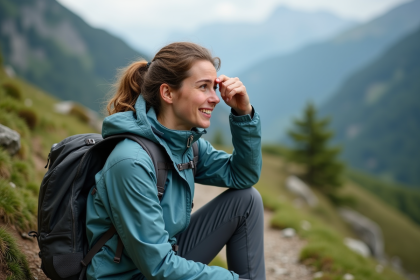Jeune femme en randonnée alpine assise sur un rocher