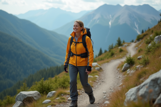 Femme en équipement de randonnée en montagne