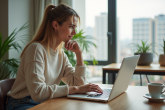 Jeune femme cherche offres de vols sur son ordinateur portable