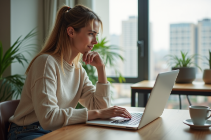 Jeune femme cherche offres de vols sur son ordinateur portable