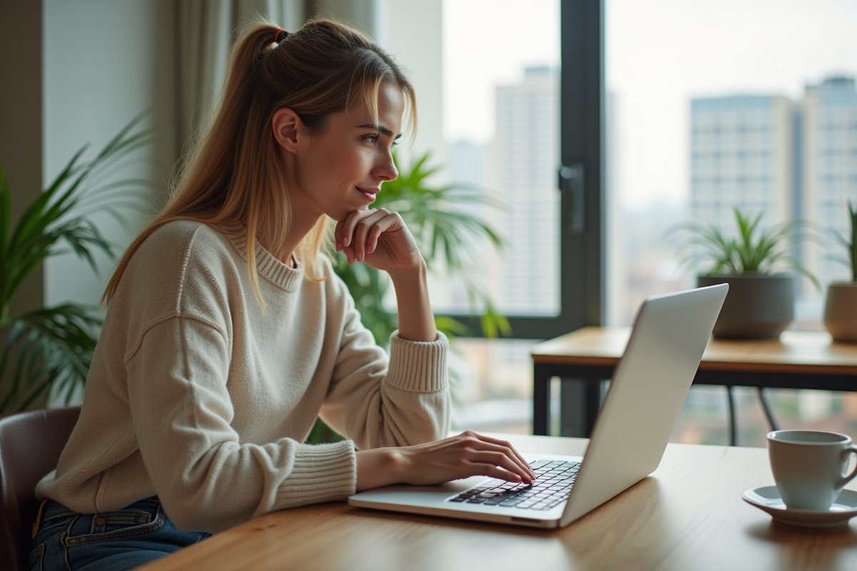 Jeune femme cherche offres de vols sur son ordinateur portable