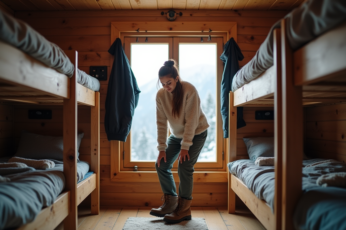 Jeune femme retirant ses bottes dans un refuge alpin