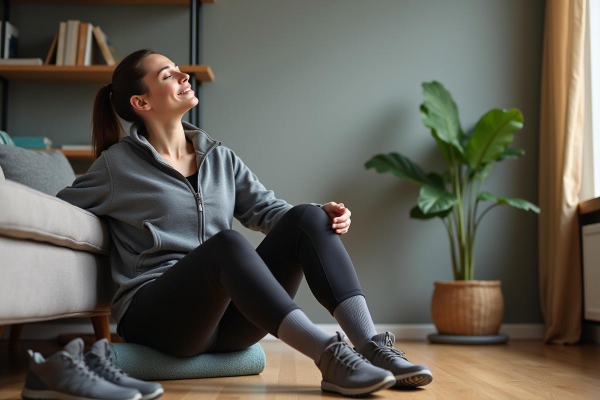 Femme en récupération après randonnée sur un tapis dans un salon