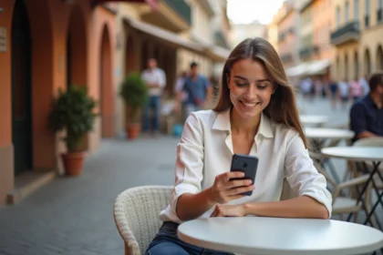 Jeune femme réservant des activités touristiques sur l'application Get Your Guide depuis son smartphone à une terrasse de café européenne
