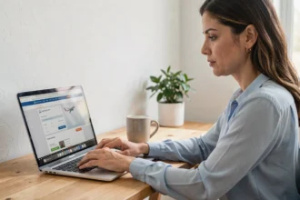 Femme consultant sa réservation Air Algérie en ligne depuis un ordinateur portable à domicile