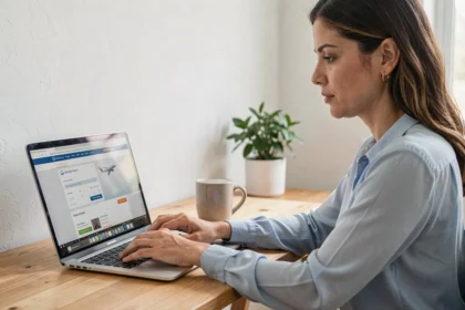 Femme consultant sa réservation Air Algérie en ligne depuis un ordinateur portable à domicile