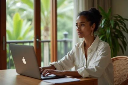 Femme réunionnaise en appel vidéo depuis La Réunion avec décalage horaire visible sur l'écran