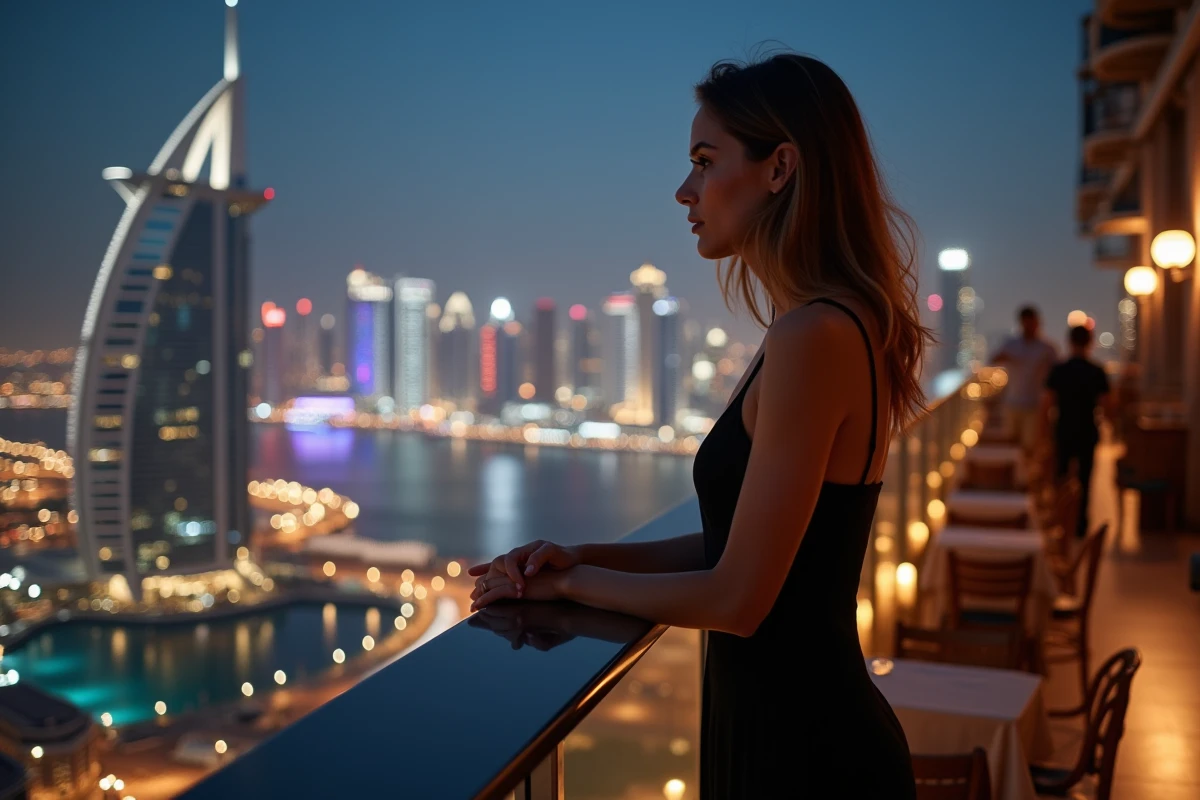 Femme en robe noire regardant la skyline de Dubaï depuis un rooftop