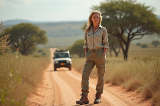 Femme en safari sur la savane africaine avec chaussures robustes