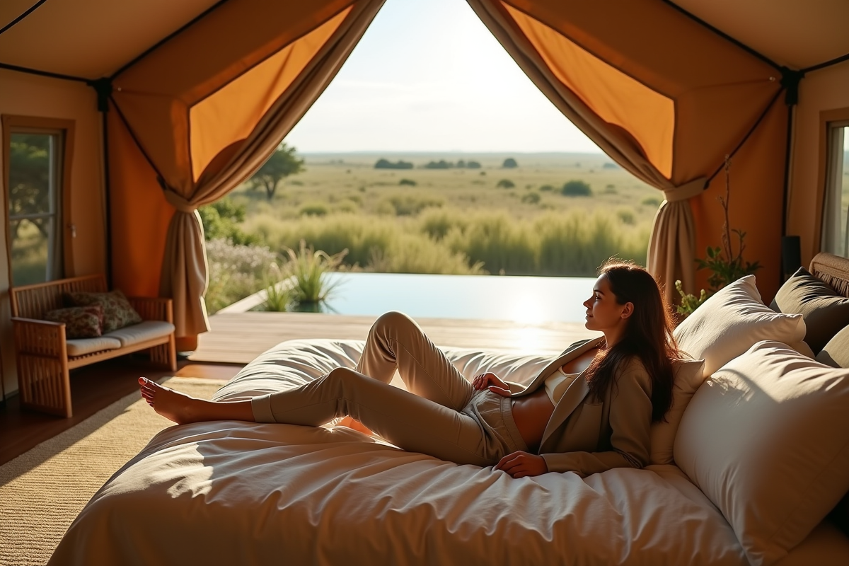 Femme détendue dans tente safari avec vue sur savane